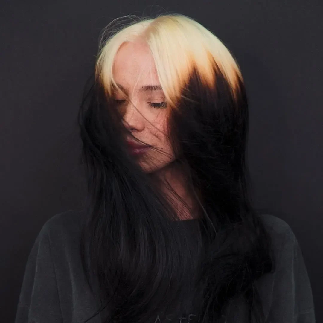 Front portrait of long straight black hair with a wide blonde panel across the front crown and face-framing pieces.