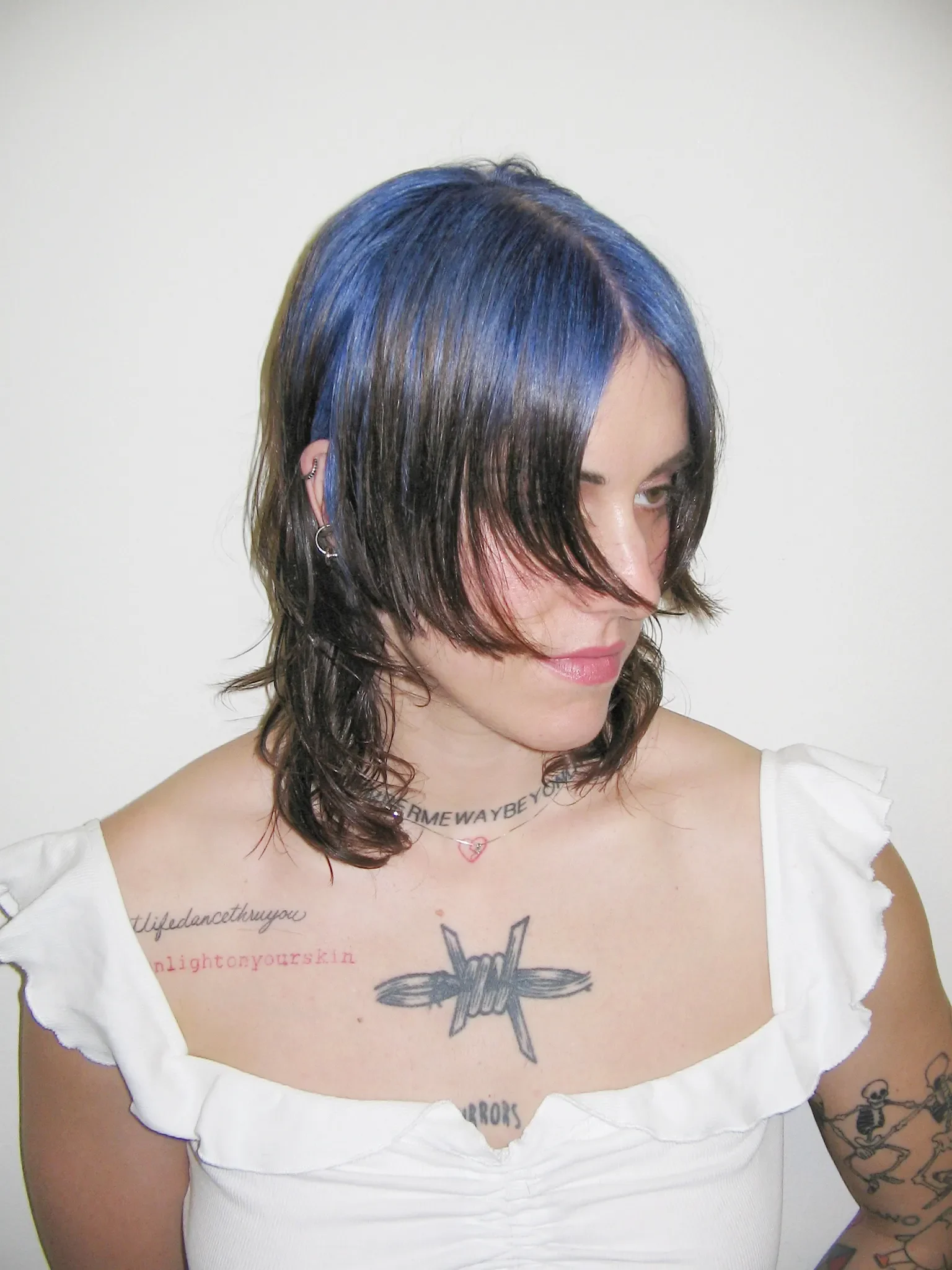 Black mullet-wolf cut with blue ghost roots through the crown and short upper layers.