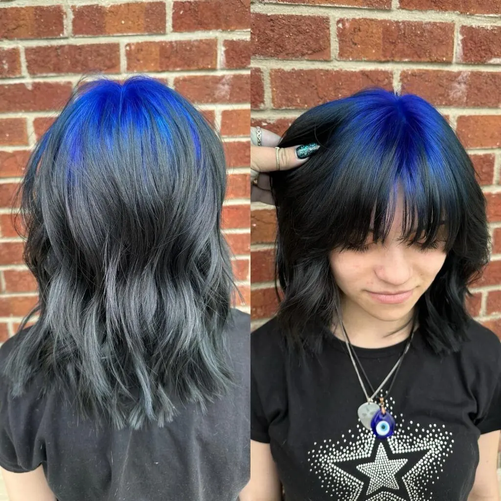 Before-and-after views of a woman with a short black wavy bob and blue crown roots.