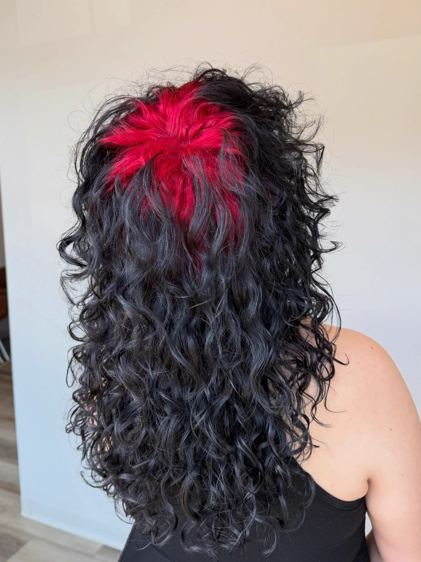 Back and top view of long black curls with a bright crimson-red root panel separating through the crown.