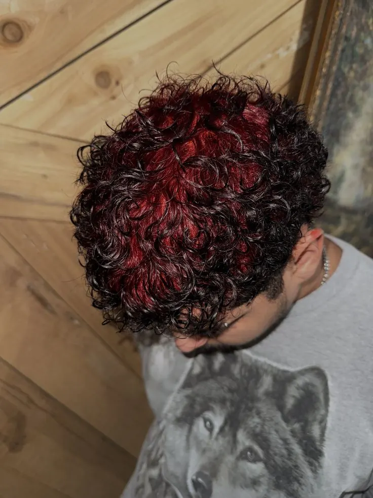 black men's short curly crop with deep red ghost roots.