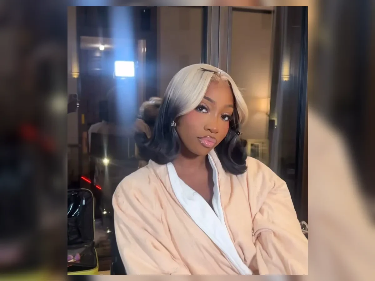 Black hair with Silver White ghost roots, Medium Body Wave, Front Portrait.