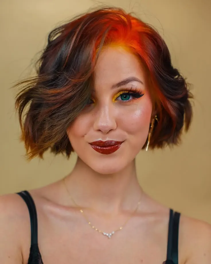 Auburn Brown hair with Copper Orange ghost roots, Short Wavy Bob, Front Portrait.