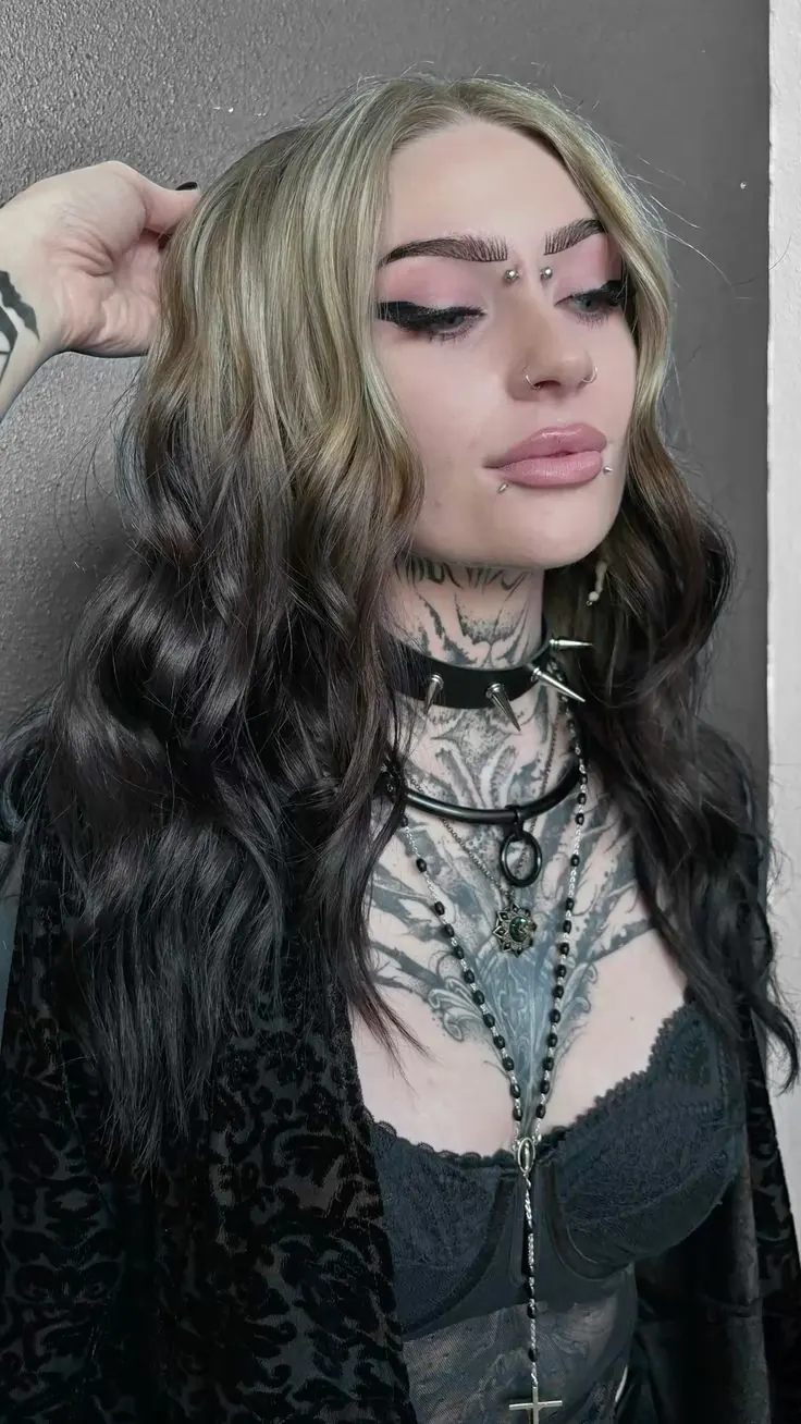 Black hair with Ash Blonde ghost roots, Long Body Wave, Front Portrait.