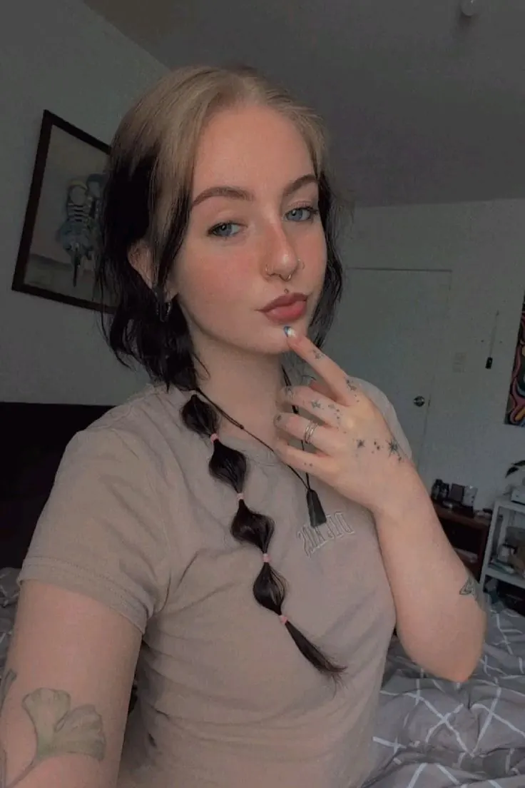 Black hair with Ash Blonde ghost roots, Long Braided Ponytail, Mirror Selfie.