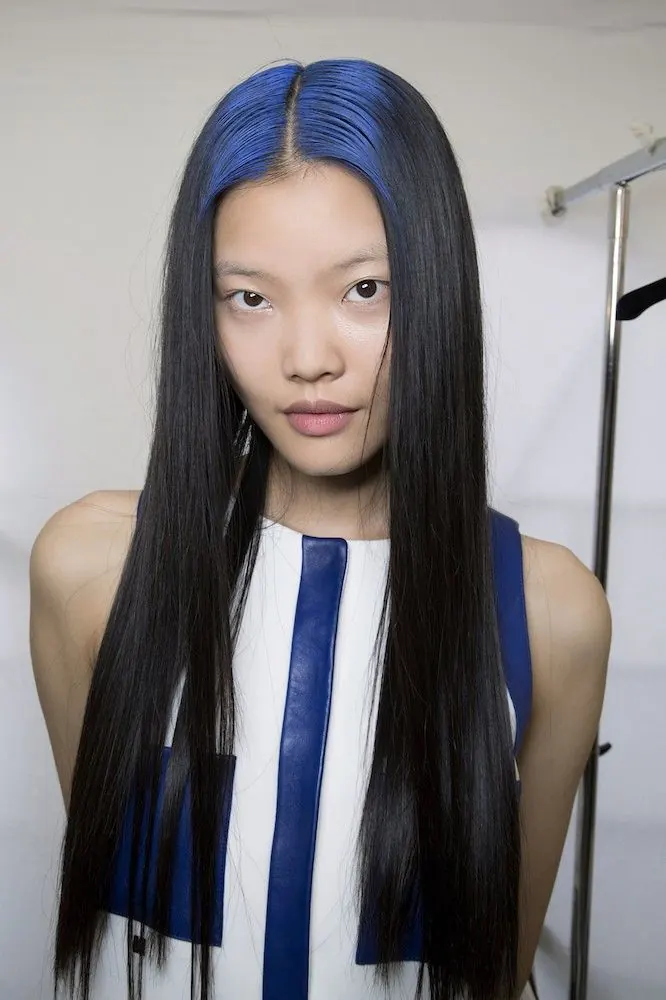 Long black sleek straight hair with cobalt blue ghost roots through the center panel.