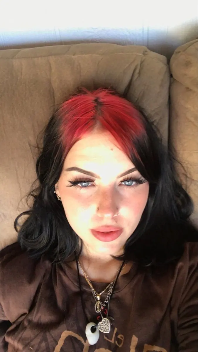 Black hair with Crimson Red ghost roots, Short Soft Wave, Front Portrait.