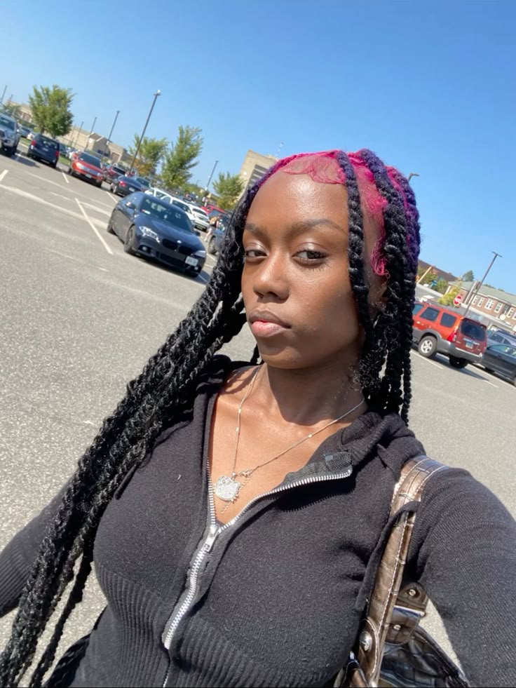 Black hair with Magenta Pink ghost roots, Long Box Braids, Outdoor Selfie.