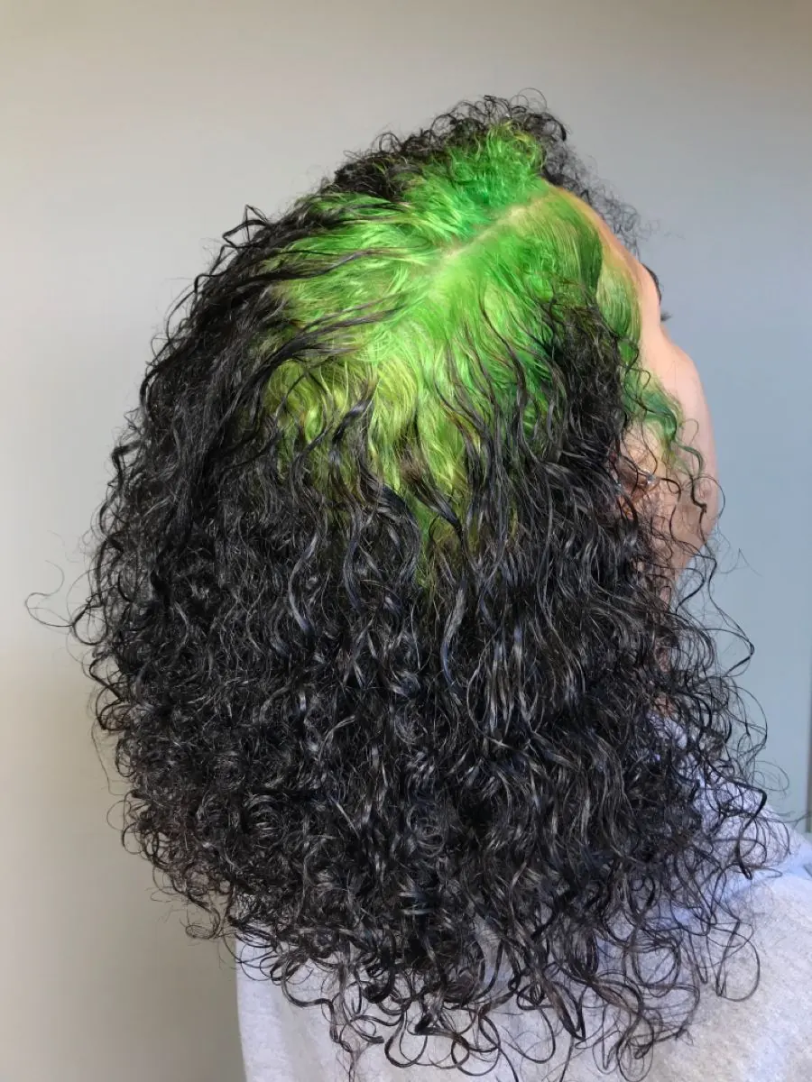 Black hair with Neon Green ghost roots, Medium Curly, Back View.