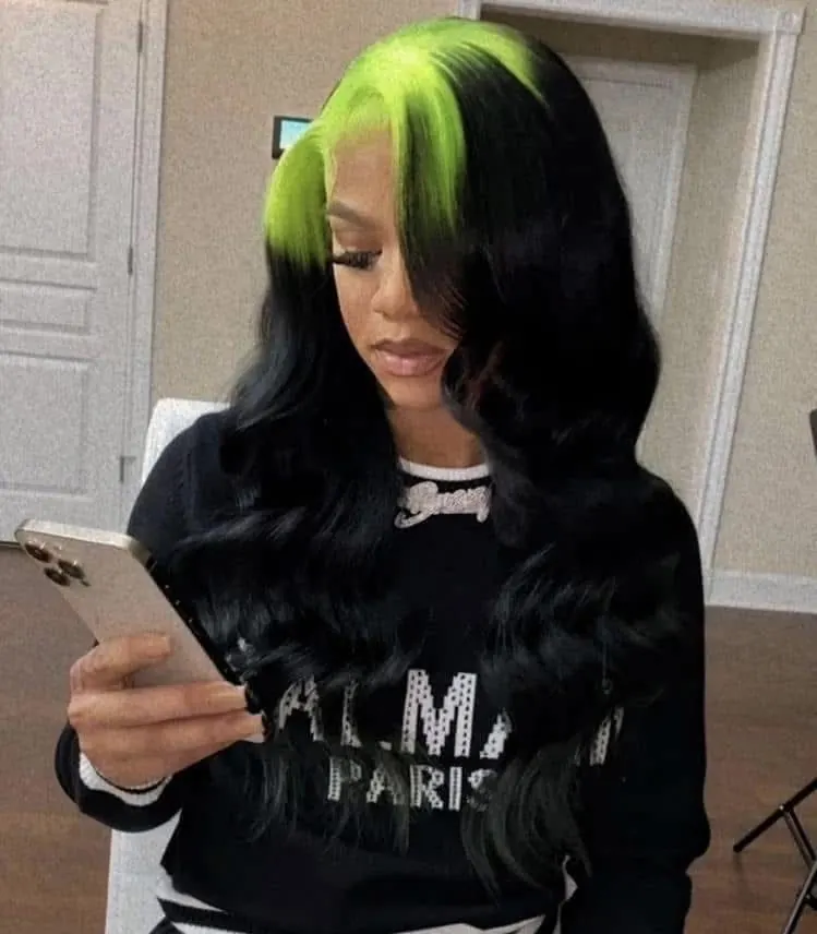 Black hair with Neon Lime ghost roots, Long Glam Wave, Mirror Selfie.