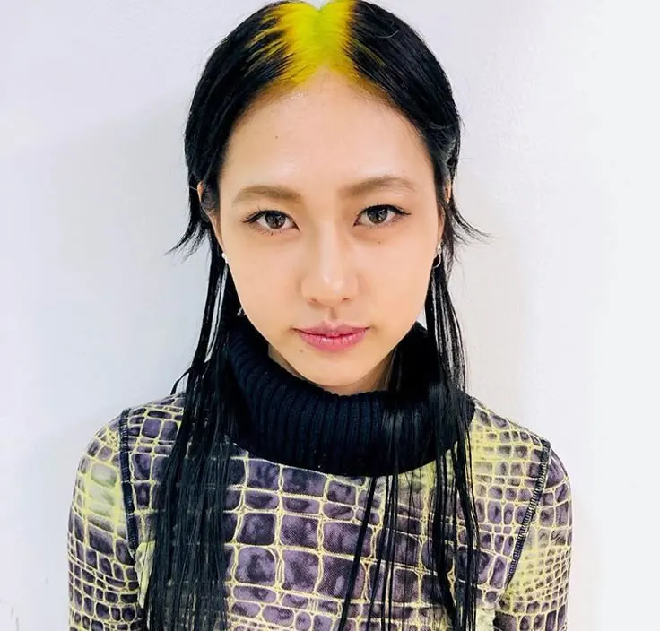 Black hair with Neon Yellow ghost roots, Long Sleek Straight, Front Portrait.