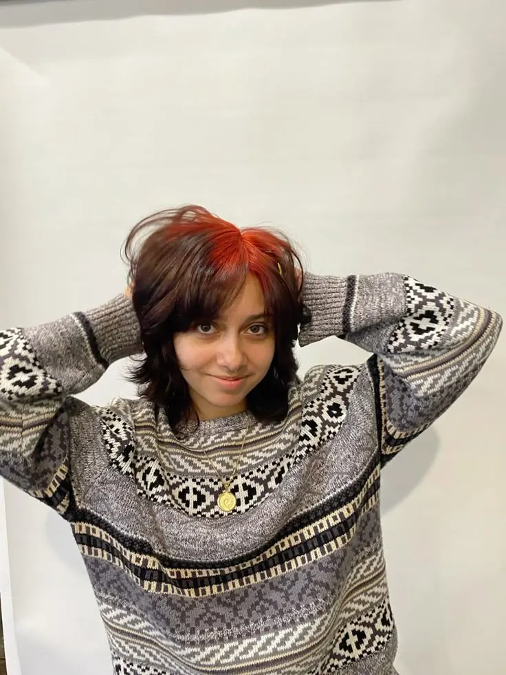 Black hair with Orange Copper ghost roots, Short Wavy Bob, Front Portrait.