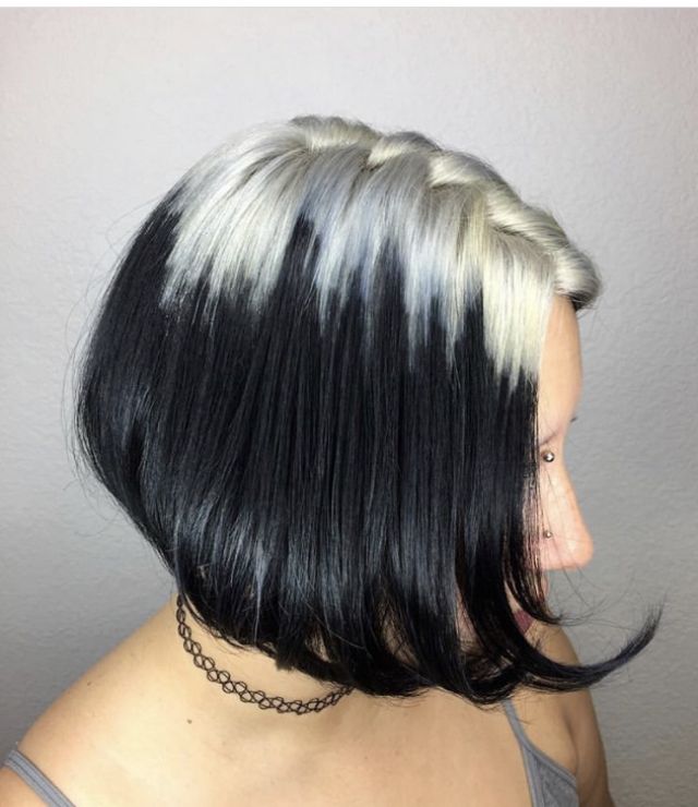 Sleek black bob with platinum white ghost roots and a braided side section.