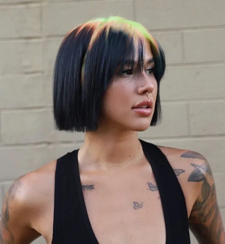 Black hair with Rainbow Pastel ghost roots, Short Sleek Bob, Side Profile.