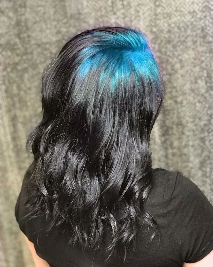 Black hair with Teal Blue ghost roots, Long Loose Wave, Back View.