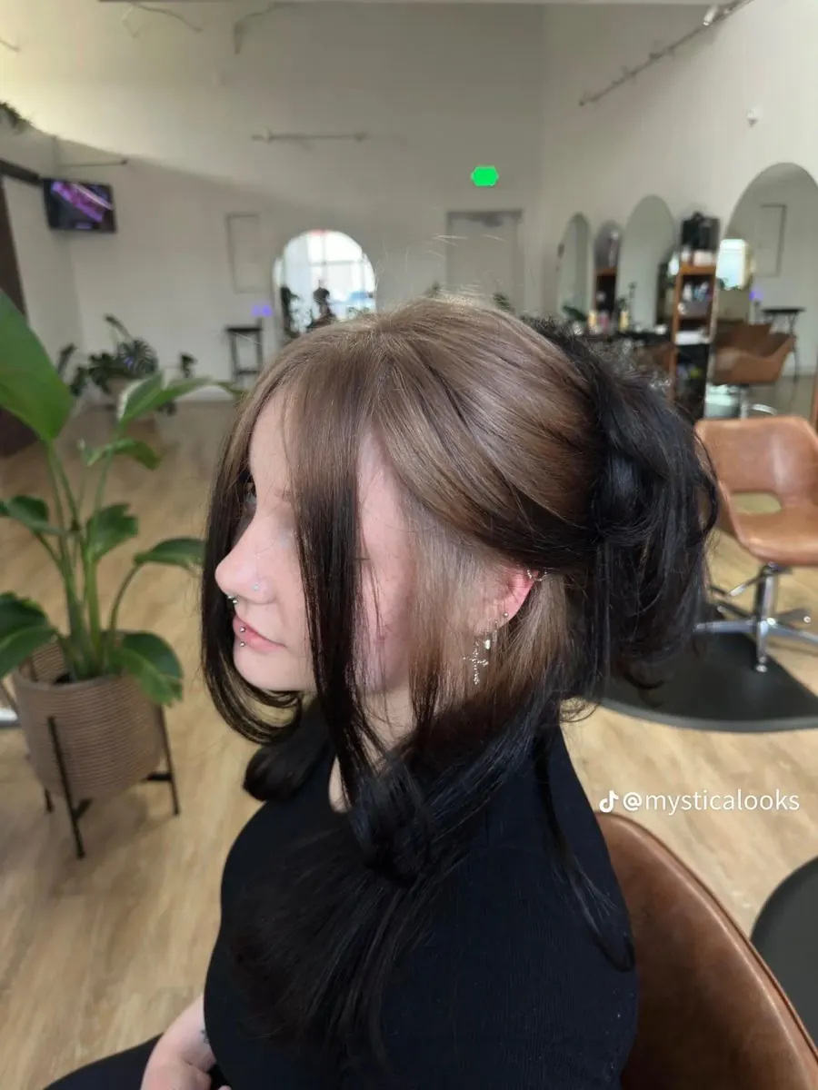Brown hair with Taupe Beige ghost roots, Medium Straight Updo, Side Profile.