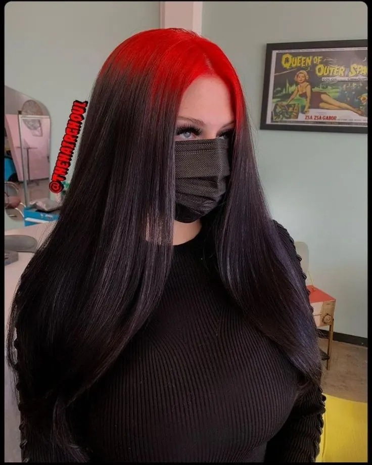 Dark Brown hair with Cherry Red ghost roots, Long Sleek Straight, Front Portrait.